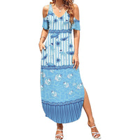 Hawaii Christmas In July Family Matching Summer Maxi Dress and Hawaiian Shirt Sky Blue Mele Kalikimaka Sea Animals DT05 Mom's Dress Blue - Polynesian Pride