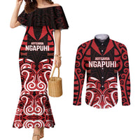Custom Aotearoa Ngapuhi Couples Matching Mermaid Dress and Long Sleeve Button Shirt Maori Pattern New Zealand DT05 Red - Polynesian Pride