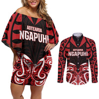 Custom Aotearoa Ngapuhi Couples Matching Off Shoulder Short Dress and Long Sleeve Button Shirt Maori Pattern New Zealand DT05 Red - Polynesian Pride