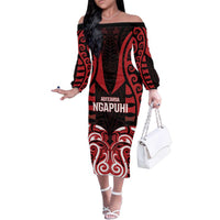 Custom Aotearoa Ngapuhi Family Matching Off The Shoulder Long Sleeve Dress and Hawaiian Shirt Maori Pattern New Zealand DT05 Mom's Dress Red - Polynesian Pride
