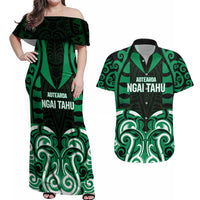 Custom Aotearoa Ngai Tahu Couples Matching Off Shoulder Maxi Dress and Hawaiian Shirt Maori Pattern New Zealand DT05 Green - Polynesian Pride