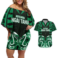 Custom Aotearoa Ngai Tahu Couples Matching Off Shoulder Short Dress and Hawaiian Shirt Maori Pattern New Zealand DT05 Green - Polynesian Pride