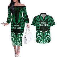 Custom Aotearoa Ngai Tahu Couples Matching Off The Shoulder Long Sleeve Dress and Hawaiian Shirt Maori Pattern New Zealand DT05 Green - Polynesian Pride