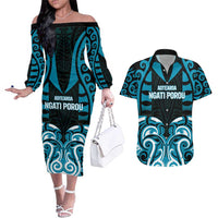 Custom Aotearoa Ngati Porou Couples Matching Off The Shoulder Long Sleeve Dress and Hawaiian Shirt Maori Pattern New Zealand DT05 Blue - Polynesian Pride