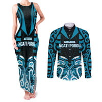 Custom Aotearoa Ngati Porou Couples Matching Tank Maxi Dress and Long Sleeve Button Shirt Maori Pattern New Zealand DT05 Blue - Polynesian Pride