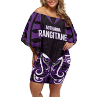 Custom Aotearoa Rangitane Family Matching Off Shoulder Short Dress and Hawaiian Shirt Maori Pattern New Zealand DT05 Mom's Dress Purple - Polynesian Pride