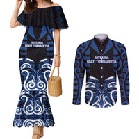 Custom Aotearoa Ngati Tuwharetoa Couples Matching Mermaid Dress and Long Sleeve Button Shirt Maori Pattern New Zealand DT05 Navy - Polynesian Pride
