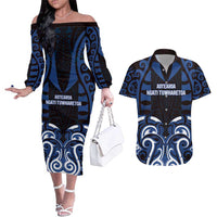 Custom Aotearoa Ngati Tuwharetoa Couples Matching Off The Shoulder Long Sleeve Dress and Hawaiian Shirt Maori Pattern New Zealand DT05 Navy - Polynesian Pride
