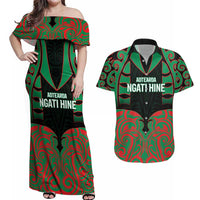 Custom Aotearoa Ngati Hine Couples Matching Off Shoulder Maxi Dress and Hawaiian Shirt Maori Pattern New Zealand DT05 Green - Polynesian Pride
