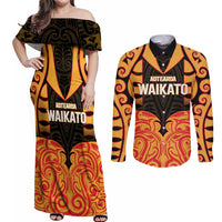 Custom Aotearoa Waikato Couples Matching Off Shoulder Maxi Dress and Long Sleeve Button Shirt Maori Pattern New Zealand DT05 Orange - Polynesian Pride