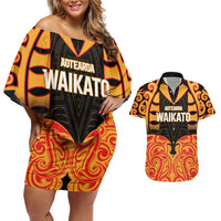 Custom Aotearoa Waikato Couples Matching Off Shoulder Short Dress and Hawaiian Shirt Maori Pattern New Zealand DT05 Orange - Polynesian Pride