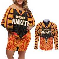 Custom Aotearoa Waikato Couples Matching Off Shoulder Short Dress and Long Sleeve Button Shirt Maori Pattern New Zealand DT05 Orange - Polynesian Pride