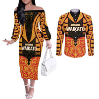 Custom Aotearoa Waikato Couples Matching Off The Shoulder Long Sleeve Dress and Long Sleeve Button Shirt Maori Pattern New Zealand - Polynesian Pride