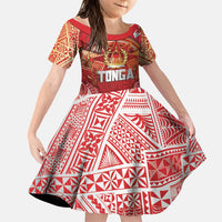 Tonga King's Birthday Family Matching Off Shoulder Maxi Dress and Hawaiian Shirt Gold Royal Crown Tribal Patterns DT05 Daughter's Dress Red - Polynesian Pride
