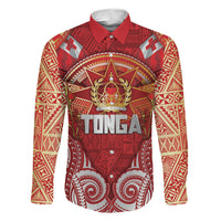 Tonga King's Birthday Family Matching Tank Maxi Dress and Hawaiian Shirt Gold Royal Crown Tribal Patterns DT05 Dad's Shirt - Long Sleeve Red - Polynesian Pride
