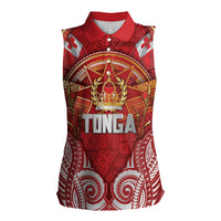 Tonga King's Birthday Women Sleeveless Polo Shirt Gold Royal Crown Tribal Patterns DT05 Female Red - Polynesian Pride