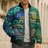 Personalised Solomon Islands Independence Day Bomber Puffer Jacket Crocodile Hibiscus Tribal Pattern DT05 - Polynesian Pride