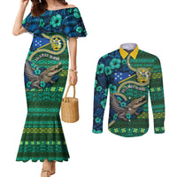Personalised Solomon Islands Independence Day Couples Matching Mermaid Dress and Long Sleeve Button Shirt Crocodile Hibiscus Tribal Pattern DT05 Green - Polynesian Pride