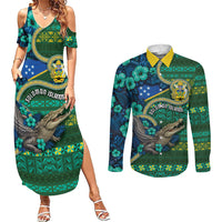 Personalised Solomon Islands Independence Day Couples Matching Summer Maxi Dress and Long Sleeve Button Shirt Crocodile Hibiscus Tribal Pattern DT05 Green - Polynesian Pride