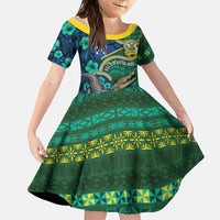 Personalised Solomon Islands Independence Day Family Matching Long Sleeve Bodycon Dress and Hawaiian Shirt Crocodile Hibiscus Tribal Pattern DT05 Daughter's Dress Green - Polynesian Pride