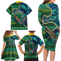 Personalised Solomon Islands Independence Day Family Matching Long Sleeve Bodycon Dress and Hawaiian Shirt Crocodile Hibiscus Tribal Pattern DT05 - Polynesian Pride