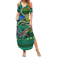 Personalised Solomon Islands Independence Day Family Matching Summer Maxi Dress and Hawaiian Shirt Crocodile Hibiscus Tribal Pattern DT05 Mom's Dress Green - Polynesian Pride