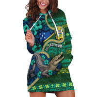 Personalised Solomon Islands Independence Day Hoodie Dress Crocodile Hibiscus Tribal Pattern DT05 Green - Polynesian Pride
