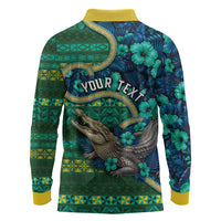 Personalised Solomon Islands Independence Day Long Sleeve Polo Shirt Crocodile Hibiscus Tribal Pattern DT05 - Polynesian Pride
