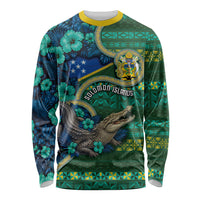 Personalised Solomon Islands Independence Day Long Sleeve Shirt Crocodile Hibiscus Tribal Pattern DT05 Unisex Green - Polynesian Pride