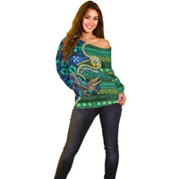 Personalised Solomon Islands Independence Day Off Shoulder Sweater Crocodile Hibiscus Tribal Pattern DT05 - Polynesian Pride