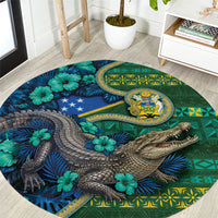 Solomon Islands Independence Day Round Carpet Crocodile Hibiscus Tribal Pattern DT05 Green - Polynesian Pride