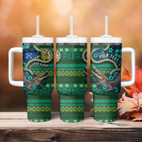 Personalised Solomon Islands Independence Day Tumbler With Handle Crocodile Hibiscus Tribal Pattern DT05 - Polynesian Pride