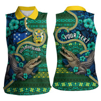 Personalised Solomon Islands Independence Day Women Sleeveless Polo Shirt Crocodile Hibiscus Tribal Pattern DT05 - Polynesian Pride
