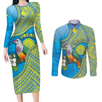 Personalised Palau Biib Bird Couples Matching Long Sleeve Bodycon Dress and Long Sleeve Button Shirt Rur Flower And Rock Islands Patterns