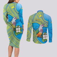 Personalised Palau Biib Bird Couples Matching Long Sleeve Bodycon Dress and Long Sleeve Button Shirt Rur Flower And Rock Islands Patterns