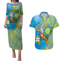 Personalised Palau Biib Bird Couples Matching Puletasi and Hawaiian Shirt Rur Flower And Rock Islands Patterns DT05 Blue - Polynesian Pride