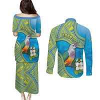 Personalised Palau Biib Bird Couples Matching Puletasi and Long Sleeve Button Shirt Rur Flower And Rock Islands Patterns DT05 - Polynesian Pride