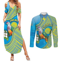 Personalised Palau Biib Bird Couples Matching Summer Maxi Dress and Long Sleeve Button Shirt Rur Flower And Rock Islands Patterns DT05 Blue - Polynesian Pride