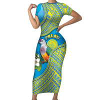 Personalised Palau Biib Bird Family Matching Short Sleeve Bodycon Dress and Hawaiian Shirt Rur Flower And Rock Islands Patterns DT05 Mom's Dress Blue - Polynesian Pride