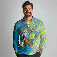 Personalised Palau Biib Bird Long Sleeve Polo Shirt Rur Flower And Rock Islands Patterns DT05 - Polynesian Pride
