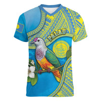 Personalised Palau Biib Bird Women V-Neck T-Shirt Rur Flower And Rock Islands Patterns DT05 Female Blue - Polynesian Pride