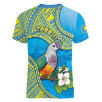 Personalised Palau Biib Bird Women V-Neck T-Shirt Rur Flower And Rock Islands Patterns DT05 - Polynesian Pride