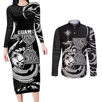 Personalised Guam Liberation Day Couples Matching Long Sleeve Bodycon Dress and Long Sleeve Button Shirt Black White Latte Stone Tribal Patterns DT05 Black - Polynesian Pride