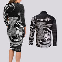 Personalised Guam Liberation Day Couples Matching Long Sleeve Bodycon Dress and Long Sleeve Button Shirt Black White Latte Stone Tribal Patterns DT05 - Polynesian Pride