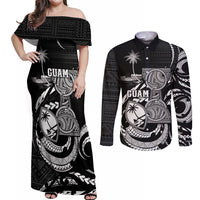 Personalised Guam Liberation Day Couples Matching Off Shoulder Maxi Dress and Long Sleeve Button Shirt Black White Latte Stone Tribal Patterns DT05 Black - Polynesian Pride