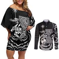 Personalised Guam Liberation Day Couples Matching Off Shoulder Short Dress and Long Sleeve Button Shirt Black White Latte Stone Tribal Patterns DT05 Black - Polynesian Pride