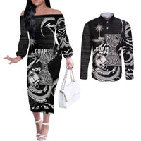 Personalised Guam Liberation Day Couples Matching Off The Shoulder Long Sleeve Dress and Long Sleeve Button Shirt Black White Latte Stone Tribal Patterns DT05 Black - Polynesian Pride