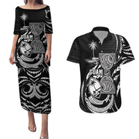 Personalised Guam Liberation Day Couples Matching Puletasi and Hawaiian Shirt Black White Latte Stone Tribal Patterns DT05 Black - Polynesian Pride