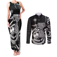 Personalised Guam Liberation Day Couples Matching Tank Maxi Dress and Long Sleeve Button Shirt Black White Latte Stone Tribal Patterns DT05 Black - Polynesian Pride