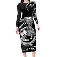 Personalised Guam Liberation Day Long Sleeve Bodycon Dress Black White Latte Stone Tribal Patterns DT05 Long Dress Black - Polynesian Pride